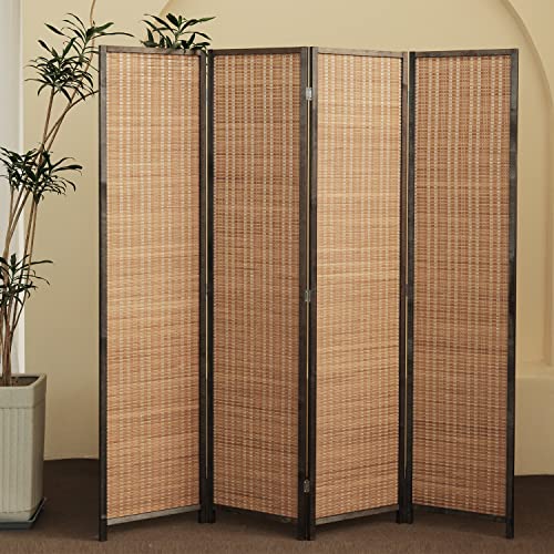 4 Panel Bamboo Room Divider - 5.6 ft Tall Folding Privacy Screen for Room Separation, Natural Brown Freestanding Partition Wall for Home Office (67" H x 61.4" W) - color: Brown, size: 4 Panel