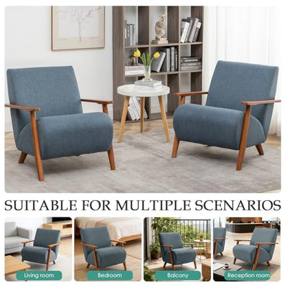 Home Accent Chair Mid Century Modern Accent Chair with Wood Frame, Linen Material Lounge Upholstered Armchair, Reading Chair, For Living Room, Bedroom,Office,Comfy Guest Waiting Room Chairs Blue - color: Blue, size: Linen