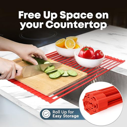 Zulay Kitchen Large Roll Up Dish Drying Rack - Heavy Duty Silicone Wrapped Steel Rods Over Sink Dish Drying Rack - Versatile Roll Up Sink Drying Rack & Trivet - Red,20.5 inches x 13 inches - color: Scarlet Red