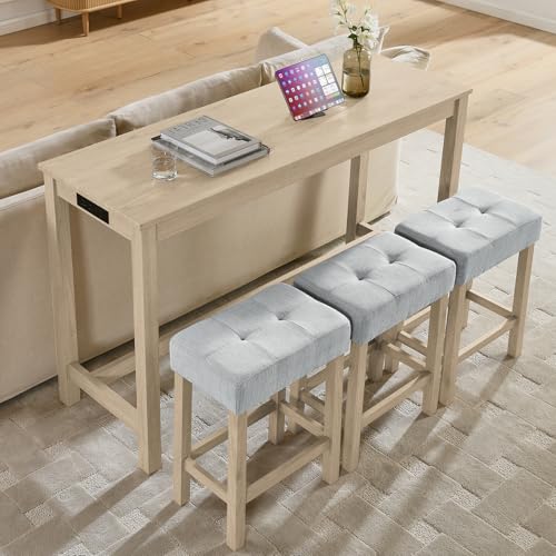 59" Dining Bar Table Set with Power Outlet, Behind Couch Sofa Table with 3 Padded Stools, 4 Piece Bar Table and Chairs Set for Living Room, Dining Room, Oak - color: R3-oak