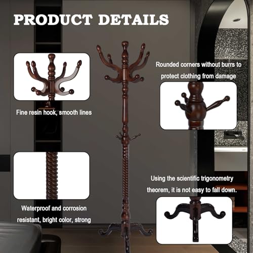 Coat Racks FreeStanding with 11 Hooks, Natural Wood Coat Rack with Tri-Legged Base, Adjustable Height Coat Racks, Easy Assembly for Hallway, Bedroom and Office (Walnut-Tri-Legged Base) - color: Walnut-Tri-Legged Base