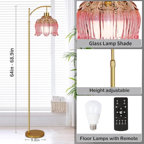 ILLMTW Pink Floor Lamp for Living Room,Bedroom,Glass Mid Century Modern Standing Lamp with Remote,Dimmable Gold Brass Tall Lamp Tulip Flower Arc Floor Light Boho Bohemian - size: Floor Lamp-23