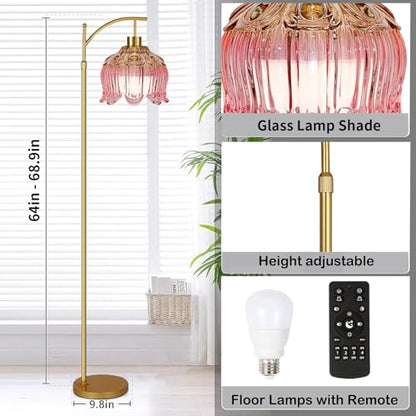 ILLMTW Pink Floor Lamp for Living Room,Bedroom,Glass Mid Century Modern Standing Lamp with Remote,Dimmable Gold Brass Tall Lamp Tulip Flower Arc Floor Light Boho Bohemian - size: Floor Lamp-23
