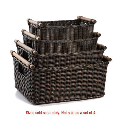 The Basket Lady Pole Handle Wicker Storage Basket, S, Walnut Brown | Outside: 14" L x 10" W x 7.5" H | Inside: 12"L x 8.5"W x 7"H - Handcrafted by artisans from natural rattan - color: Antique Walnut Brown, size: Small