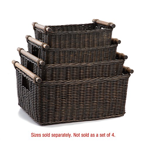 The Basket Lady Pole Handle Wicker Storage Basket, M, Walnut Brown | Outside: 16" L x 12" W x 8.25" H | Inside: 14"L x 10"W x 8"H - Handcrafted by artisans from natural rattan - color: Antique Walnut Brown, size: Medium