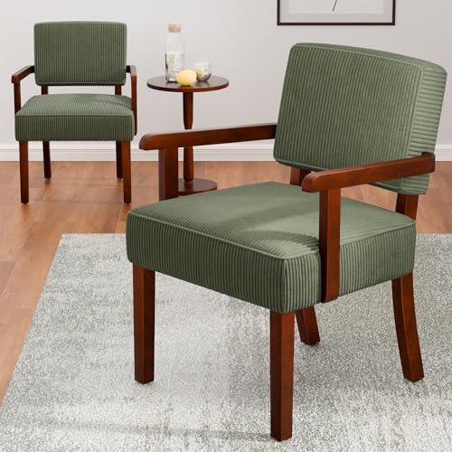 Corduroy Accent Chairs Set of 2, 2 Solid Wood Armchairs with Table | Upholstered Living Room Chair, Comfy Reading Chair for Bedroom, Waiting Room, Home Office, Easy Assembly, Green - color: Corduroy Green, size: Set of 2 with table