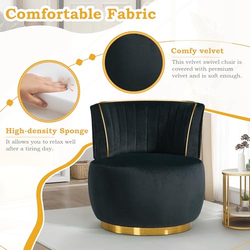 SLEERWAY 360° Swivel Barrel Chair Set of 2, Modern Velvet Round Accent Chair, Comfy Upholstered Small Armchair with Gold Metal Base for Living Room Bedroom Nursery Office Sillas para Sala, Black - color: Black, size: 25.2" W