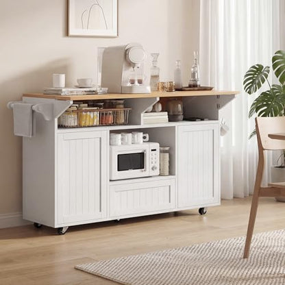 Einhomn 65" Kitchen Island with Drop Leaf, Island Table for Kitchen on Wheels with Trash Can Storage and Power Outlet, White - style: White