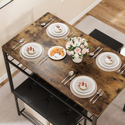 Space-Saving Dining Table Set for 4, Modern Kitchen Dinette with Padded Upholstered Bench & 2 Stools, Anti-Wobble Metal Frame Dining Furniture with Multi-Layer Storage Shelf, Waterproof Wood Grain Tab - color: Brown