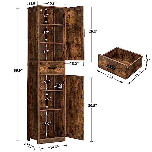 TEENFON Tall Bathroom Cabinet, Storage Cabinet with 6 Shelves & Drawer, Bathroom Storage Cabinet with Adjustable Shelves, Tall Cabinet for Living Room, Home Office, Brown - color: Brown