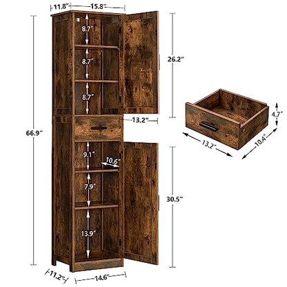TEENFON Tall Bathroom Cabinet, Storage Cabinet with 6 Shelves & Drawer, Bathroom Storage Cabinet with Adjustable Shelves, Tall Cabinet for Living Room, Home Office, Brown - color: Brown