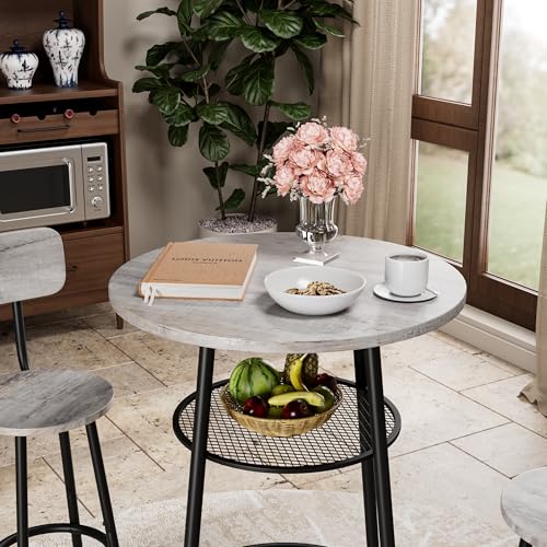3-Piece Round Bar Table Set with Backrest & Partition, Counter Height Small Dining Table for 2, Includes 2 Foldable Stools, Sturdy MDF & Steel Frame for Kitchen/Dining Room (Grey) - color: Grey