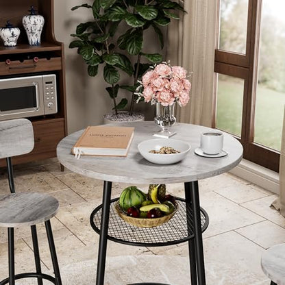 3-Piece Round Bar Table Set with Backrest & Partition, Counter Height Small Dining Table for 2, Includes 2 Foldable Stools, Sturdy MDF & Steel Frame for Kitchen/Dining Room (Grey) - color: Grey