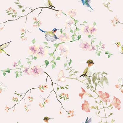 17.7"x78.7" Rustic Hummingbird Floral Wallpaper Peel and Stick Decorative Purple/Pink Floral Contact Paper for Cabinets Drawers Removable Self Adhesive Mural Wallpaper for Bedroom Nursery