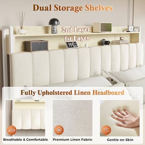 Bed Frame King Size with Upholstered Headboard & Charging Station, King Bed Frame with 4 Storage Drawers, 2-Tier Open Shelves, No Box Spring Needed, Slient Foam Strip, Easy Assembly, Beige - color: Beige, size: King