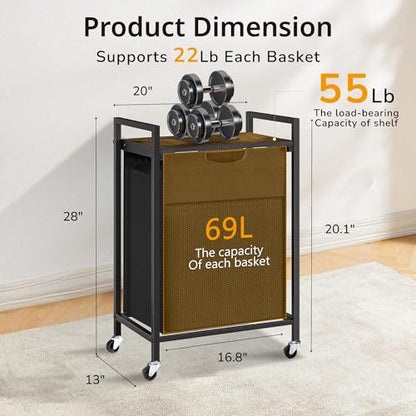 Laundry Hamper with Shelf, Laundry Basket with 1 Large Pull-Out Removable Bags, 1 x 18.3 Gallons(69L), Metal Frame, Lockable Wheels, for Laundry Room and Bedroom - color: Black and Rust (1 Bag 69L)