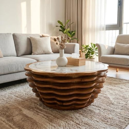 32.1" Flower-Shaped Coffee Table with Marble Top, Cafe Table | Round Center Table, Modern Stone Tea Table, Unique Marble Patterns, for Living Room, No Need Assembled - color: 32.1" Flower-shaped Coffee Table