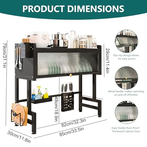 Over The Sink Dish Drying Rack, 3-Tier Carbon Steel Kitchen Storage Cabinet with Cover, 33.46" Heavy-Duty Large Capacity Dish Drain Shelf for Kitchen Sink Organization