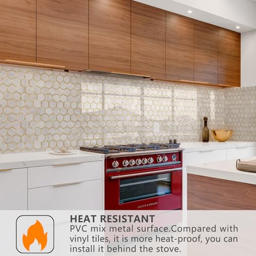 STICKGOO Hexagon Peel and Stick Backsplash Tile, Stick on Backsplash for Kitchen and Bathroom, Glossy Eurasian Wood Grain PVC Mixed Metal Gold Self Adhesive Wall Tiles(10 Sheets, Seamless) - color: Eurasian Wood Grain with Metal Gold