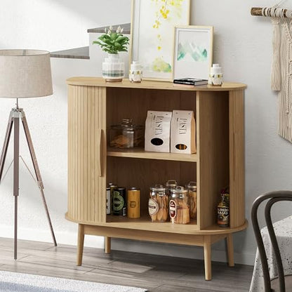 Small Sideboard Buffet Cabinet with Storage & Sliding Doors, 31" (Wood) | Adjustable Shelf, Coffee Bar Cabinet, Modern Buffet Table, for Kitchen, Dining Room, Living Room, Oval, Wooden Legs - color: Oak