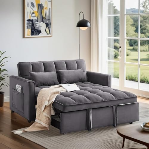 3 In 1 Velvet Convertible Sofa Bed, Pull Out Couch Bed with Reclining Backrest And 2 Pillows, 54" Full Size Loveseat Sleeper Sofa Futon Couch Bed, Couches For Small Spaces, Living Room (Grey) - color: Grey