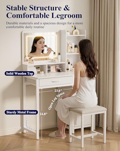Kitsure Vanity Desk with Mirror and Lights, Large Capacity, Fabric Drawers | Bedroom, Teens & Women, 3 Light Modes, 4 Fabric Drawers, 17"D x 35"W x 52"H, White