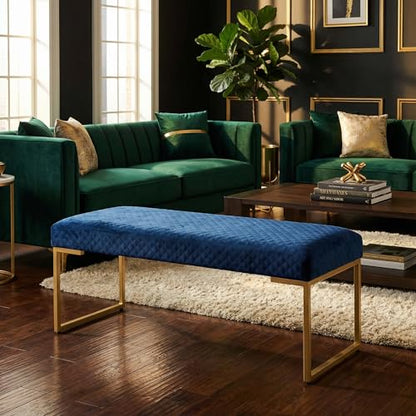 Cortesi Home Claymore Large Ottoman Bench with Painted Gold Legs, Blue Velvet, 48"