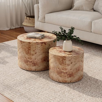 18.9" Round Nesting Coffee Table Set of 2, Modern Wooden Coffee Tables Small Circle Center Table for Living Room, Accent End Table Set, No Assembling (Natural Burl) - color: A-natural Burl