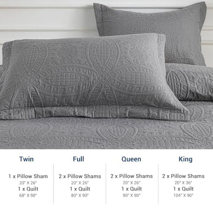 SheRest King Quilt Bedding Set - Gray Soft Breathable Bed Quilt, Modern Style Embossed Bedspreads, Lightweight Microfiber Reversible Coverlet for All Seasons-3 Pieces (1 Quilt,2 Pillow Shams) - color: Gray, size: King (104" x 90")