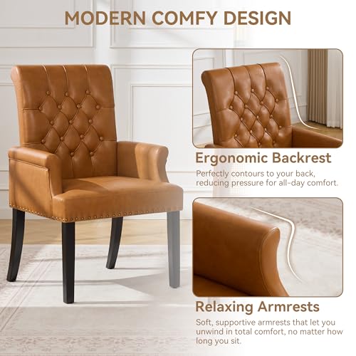 Dining Chair with Arms, PU Leather High Back Dining Room Chairs, Brown | Set of 2, PU Leather Dining Chairs, Tufted Armchair with Solid Wood Leg, Nailhead Trim, Comfortable Parson Kitchen Chairs - color: Pu-brown, size: 2 PCS
