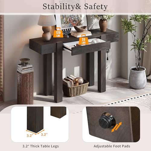 Rustic Console Table with Hidden Drawer, Wooden Sofa Table Behind Couch | Side Power Outlet,for Entryways, Living Room, Foyer, Espresso - color: Espresso