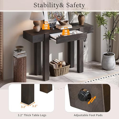 Rustic Console Table with Hidden Drawer, Wooden Sofa Table Behind Couch | Side Power Outlet,for Entryways, Living Room, Foyer, Espresso - color: Espresso