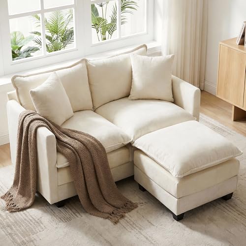 52" Loveseat Sofa, L-Shaped Cloud Love Seat Couches with Ottoman | Comfy Chenille Modern Love Seat with 2 Pillows, Small Loveseat for Small Spaces, Living Room, Bedroom, Apartment,Beige, 52" L - color: Beige, size: 52" L