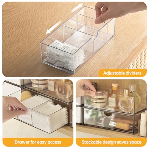 PAVSTINE Medicine Cabinet Organizer 3 Pack, Plastic Stackable Storage with 2 Drawers, Bathroom Mirror Cabinet Organizer with Removable Dividers for Wall Cabinet, Vanity, Countertop, Clear - size: 3-Tier