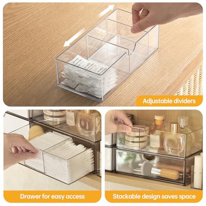 PAVSTINE Medicine Cabinet Organizer 3 Pack, Plastic Stackable Storage with 2 Drawers, Bathroom Mirror Cabinet Organizer with Removable Dividers for Wall Cabinet, Vanity, Countertop, Clear - size: 3-Tier