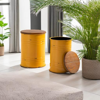 Glitzhome Rustic End Table Set of 2, Farmhouse Galvanized Metal Barrel Ottoman Storage Stool with Round Wood Lid for Living Room Furniture, Yellow - color: Yellow