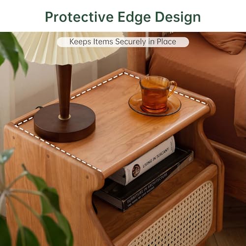 Cherry Wood Nightstand with Drawer, Rattan Nightstand, Natural Wooden Side Table, 19.3" H Bedside Table with Open Shelf, Small Nightstand for Bedroom - color: Natural, size: 1 pc(13.8"D x 17.7"W x 19.3"H)