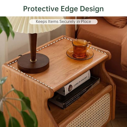 Cherry Wood Nightstand with Drawer, Rattan Nightstand, Natural Wooden Side Table, 19.3" H Bedside Table with Open Shelf, Small Nightstand for Bedroom - color: Natural, size: 1 pc(13.8"D x 17.7"W x 19.3"H)