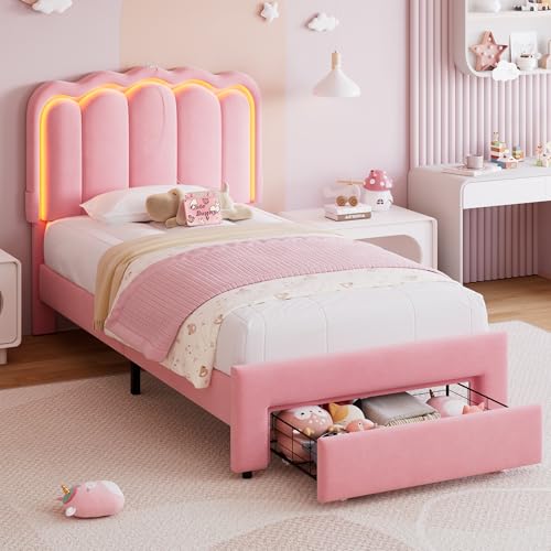 Twin Upholstered LED Bed Frame with Storage Drawer and Adjustable Chic Double Wavy Headboard, Velvet Princess Platform Bed for Girls/Kids, Solid Wood Slats Support, No Box Spring Needed, Pink - color: Pink, size: Twin