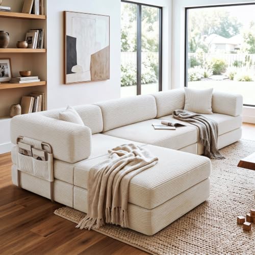 Folding Sofa Bed Convertable Corduroy Couch King Size Floor sleeper 4-in-1 DIY Combination Modular Sofa Fold Out Futon lounge Comfy Foldable Lazy cama For Living Room (white, 4-seater with a chaise) - color: White, size: 4-seater with a chaise