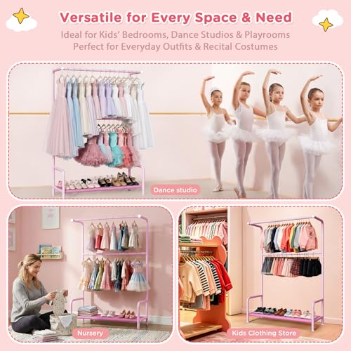 Kids Clothing Rack Double Rods for Bedroom Playroom Pink | Double Rod Design, Powder Coated Steel, Bottom Storage Shelf, for Baby Toddler Clothes, Dress Up, Nursery, Bedroom, Playroom - color: Pink