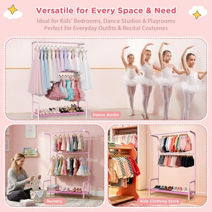Kids Clothing Rack Double Rods for Bedroom Playroom Pink | Double Rod Design, Powder Coated Steel, Bottom Storage Shelf, for Baby Toddler Clothes, Dress Up, Nursery, Bedroom, Playroom - color: Pink