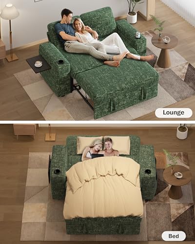 Vipbear 65" Loveseat Sleeper Sofa with Pull Out Bed, Chenille 3-in-1 Convertible Sofa Bed with Reclining Backrest|USB Ports|Cup Holders|Side Table|Storage Armrests, Tool Free Assembly, Green - color: Green