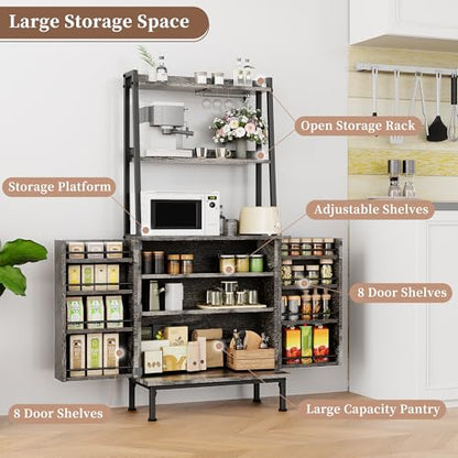 58” Pantry Cabinets with Microwave Shelves, Freestanding Kitchen Storage Cabinet with Adjustable Shelves, Buffet Cupboards for Kitchen, Dining Room, Living Room Use, Dark Gray Oak - color: B-58" Dark Grey