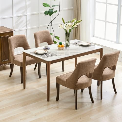 UVV Wooden Dining Chairs Set of 4, Mid Century Modern Upholstered Dining Room Chair Kitchen Chairs, Chenille Dinner Chair with Solid Wood Legs for Kitchen Dining Room, Khaki - color: Khaki, size: Set of 4
