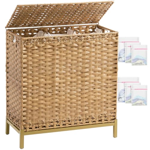 SETVSON Laundry Hamper with Lid, 35 Gal 3-Bag Clothes Sorter, Natural | Large Family Laundry Trunk with Lid, 3 Compartment Sorting Liner, 6 Wash Bags, Elevated PE Rattan Bin with Handles - color: Natural, size: 132 L - 35 gal