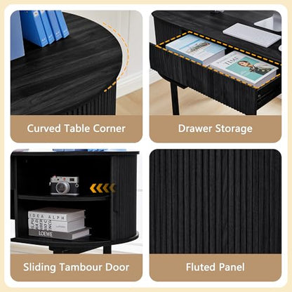 Home Office Oval Desk with Sliding Tambour Door and Drawer, Modern Fluted Wood Executive Computer Storage Desk for Study, Living Room, Bedroom, Office - Black - color: Black