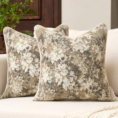FANAMI Vintage Floral Throw Pillow Covers 18x18 Set of 2 Boho Farmhouse Accent Pillowcase Neutral Modern Chenille Square Decorative Cushion Covers for Couch Sofa Bed Living Room Home Decor, Beige - color: Beige, size: 18" x 18" (Pack of 2)