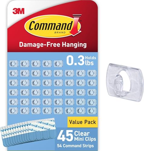 Command Clear Indoor Mini Light Clips Value Pack, 45 Clips, 54 Strips, Damage-Free String Light Hangers for Home, Room, Wall, Office, and Dorm Decor, Great for Cable Management, Holds up to 0.3 lb - style: 45 Clips