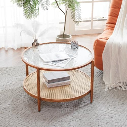 VINGLI 30" Rattan Coffee Table, Round Water-Wave Glass Metal Center Table, Modern Coffee Table with 2-Tier Storage, Farmhouse Circular Coffee Tables for Living Room and Small Space, Natural Vibe | Water-Wave Glass Metal Center Table, Boho Coffee Table wit